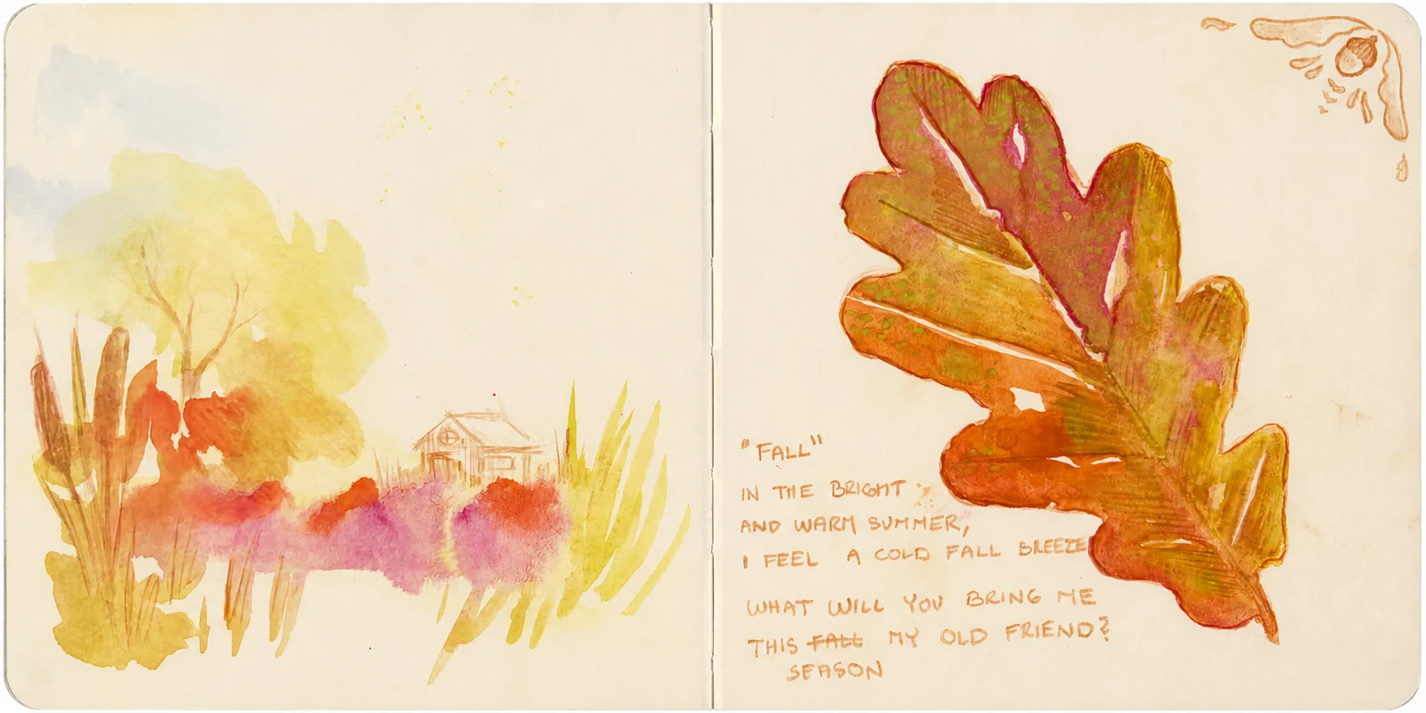 An expressive watercolour study of an autumn leaf in amber, ochre, and pink.