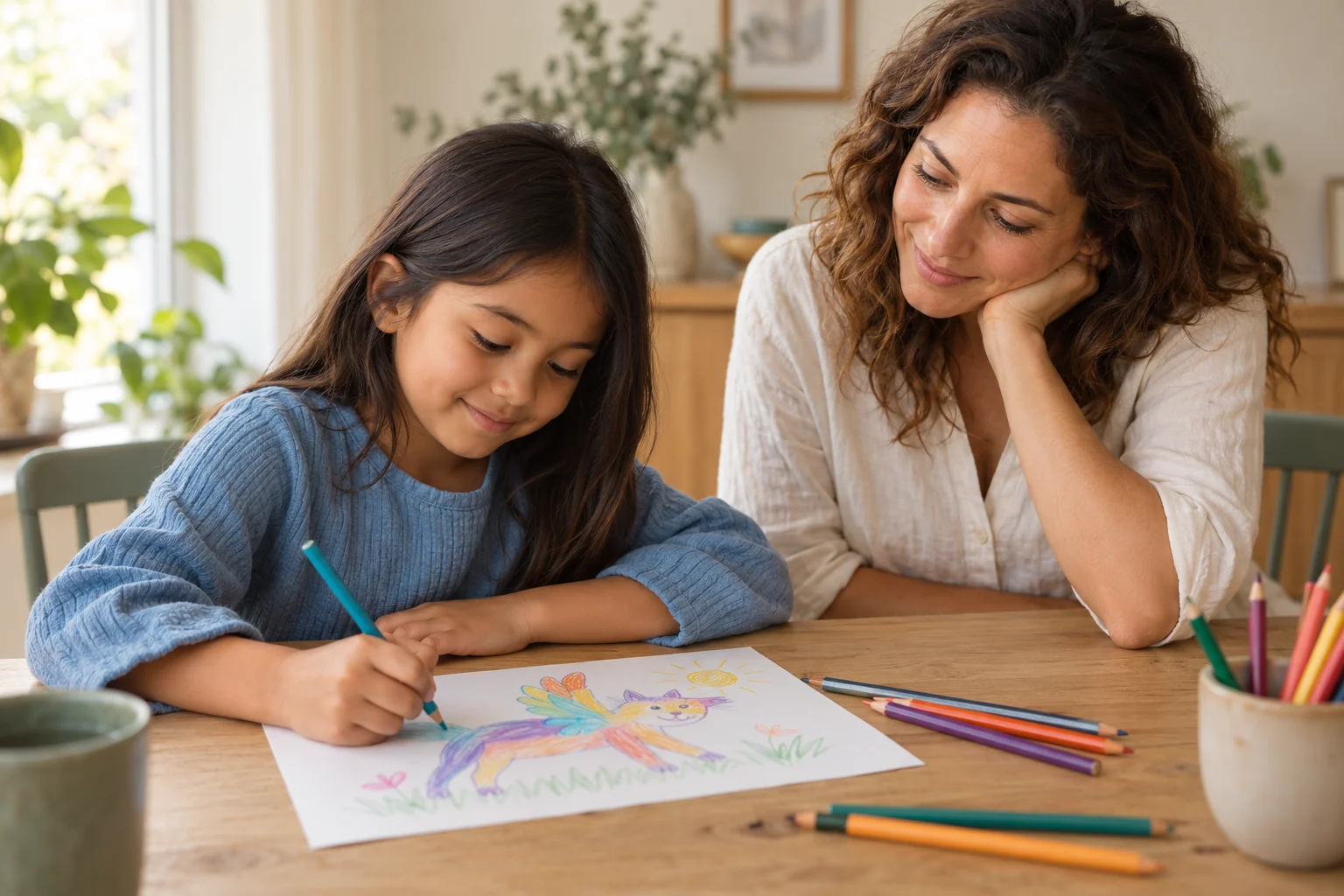 AI-generated scene: A child drawing a colourful imaginary animal while a parent looks on with warm attention.