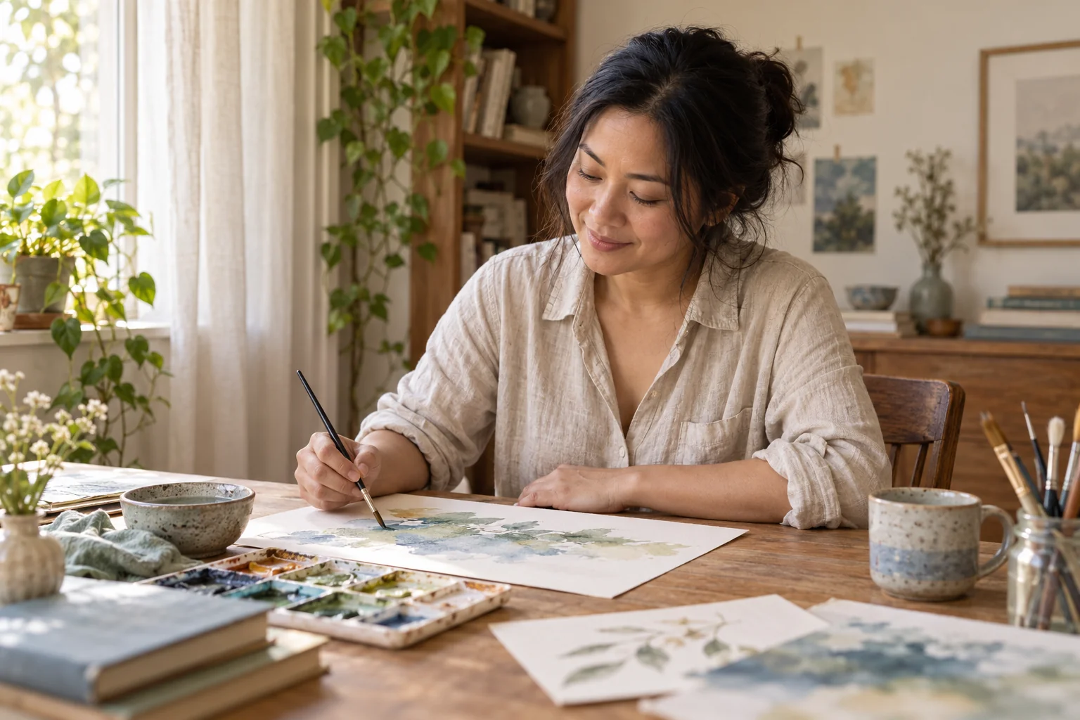 AI-generated scene: A woman with a gentle smile painting at a wooden table beside a softly lit window.