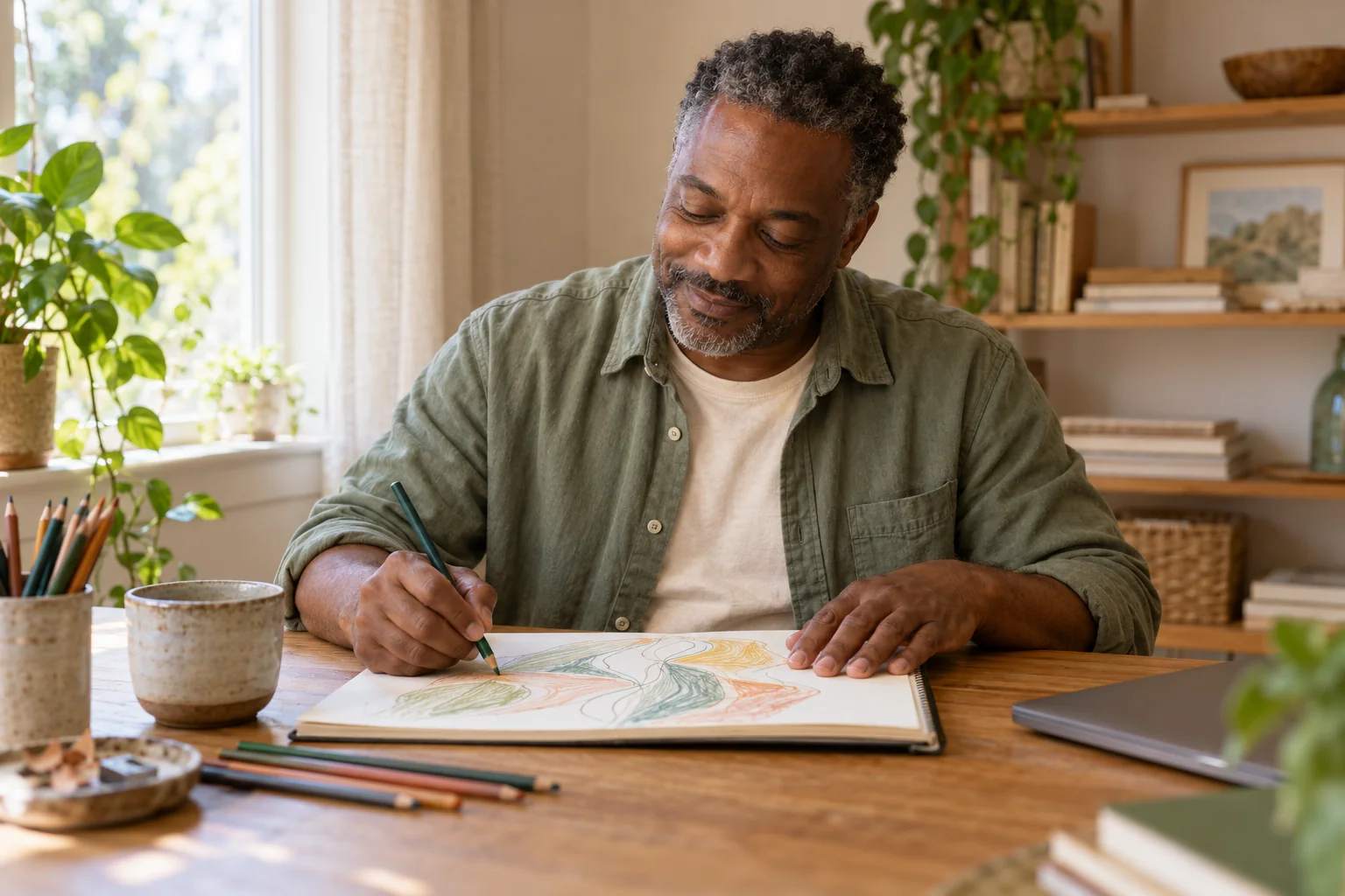 AI-generated scene: A man making a relaxed pencil drawing at home, with a closed laptop beside his sketchbook.