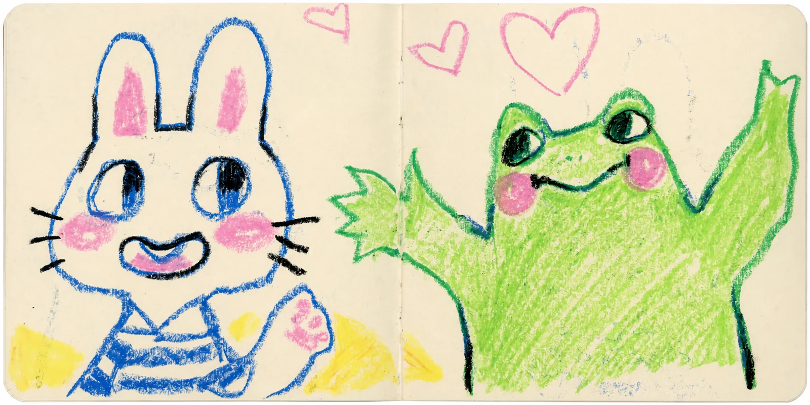 A playful drawing of a blue rabbit and a green frog, surrounded by little hearts.