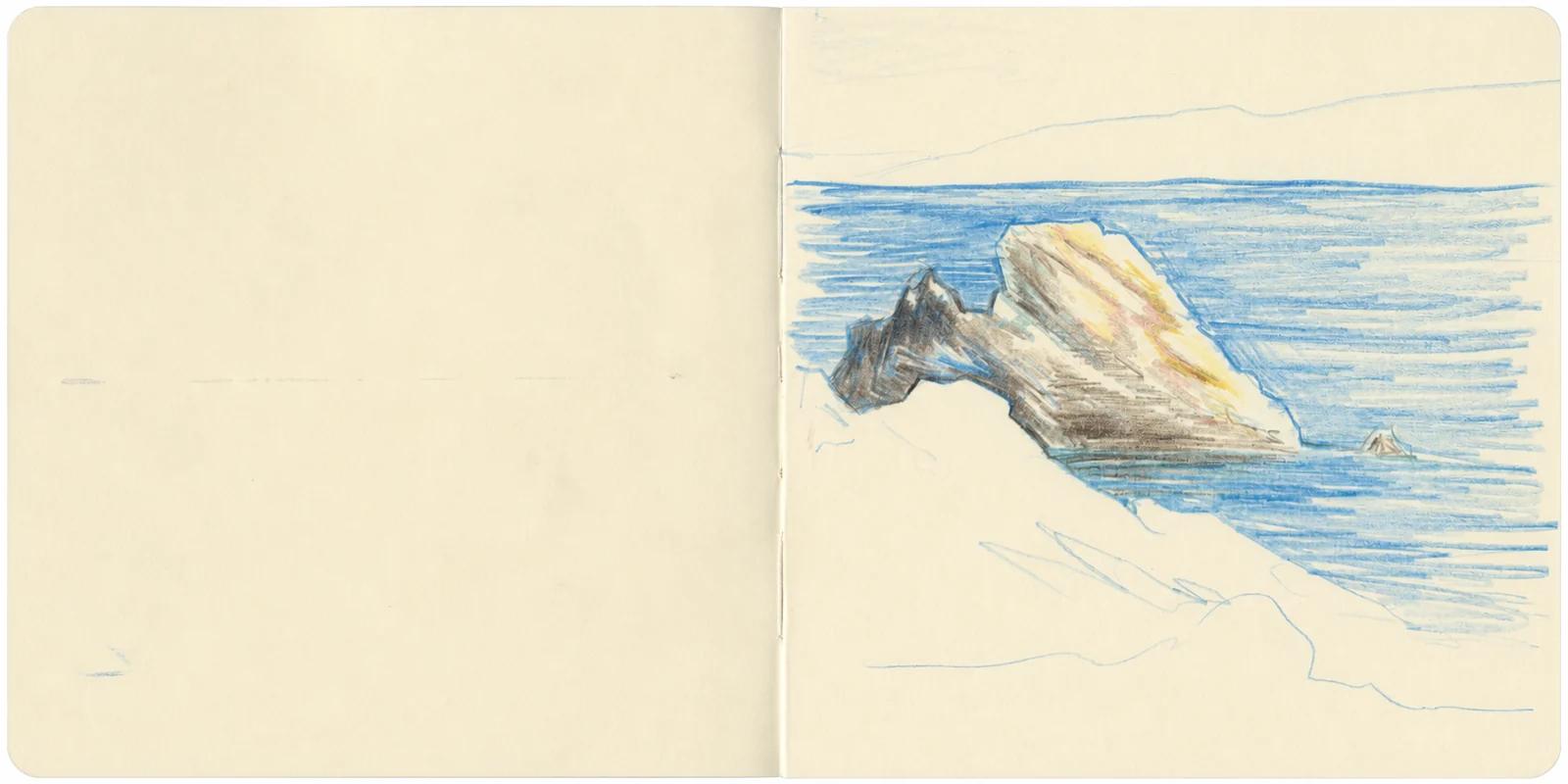 A quiet sketchbook painting of a sunlit rock surrounded by blue sea.