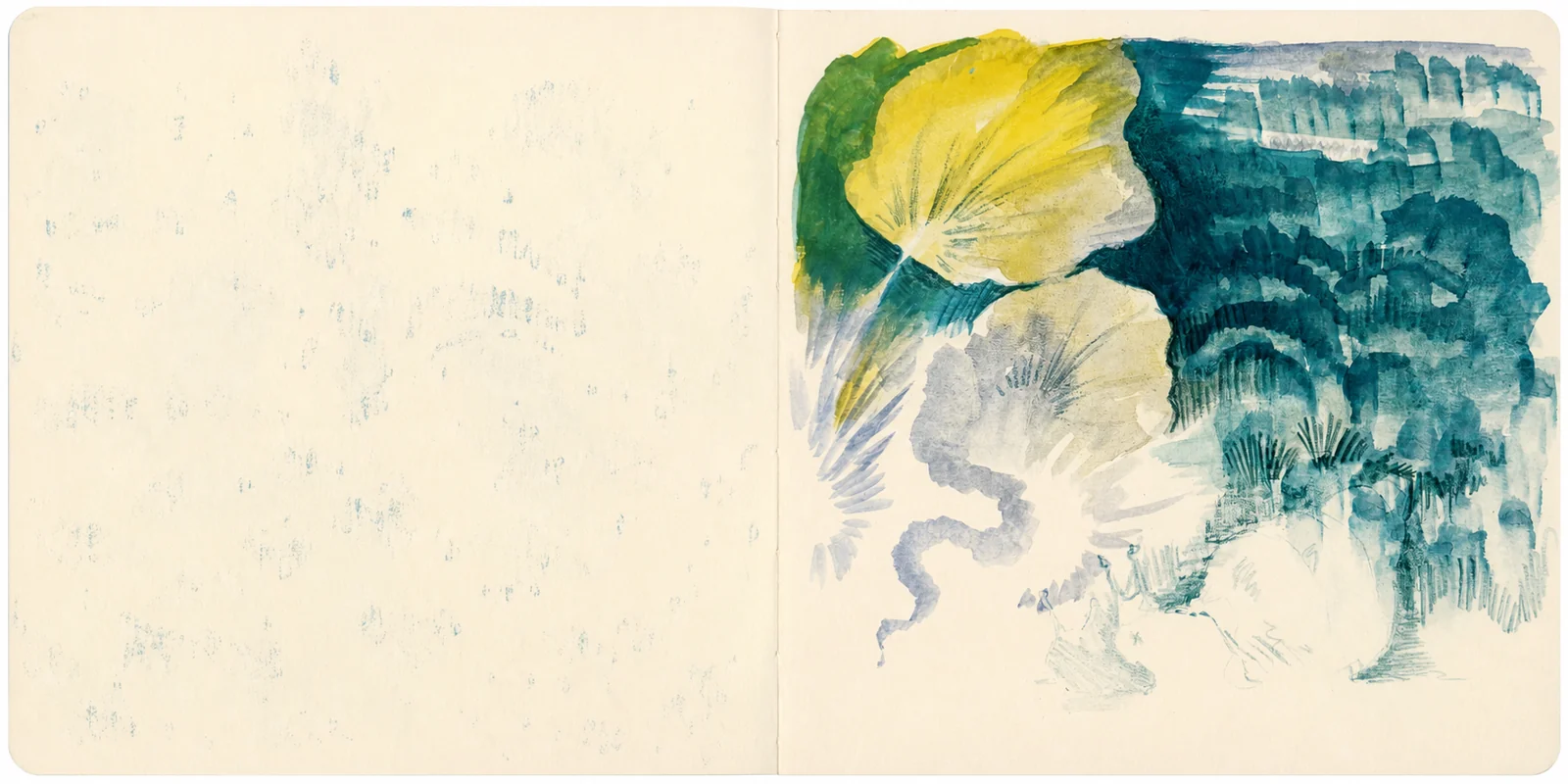 A loose study of leaves in yellow, teal, and forest green.