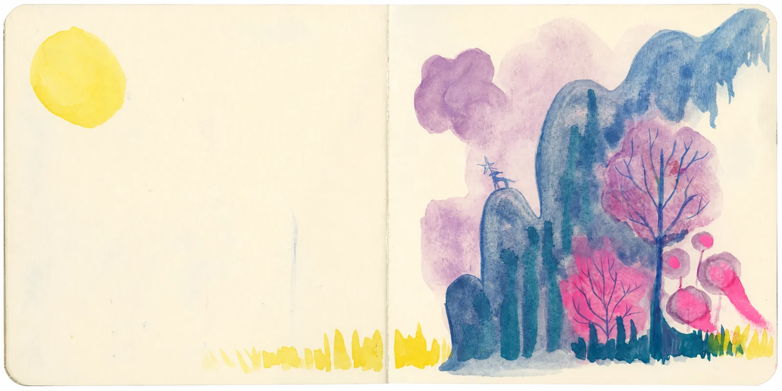 A yellow sun beside an imagined landscape of purple and blue trees.