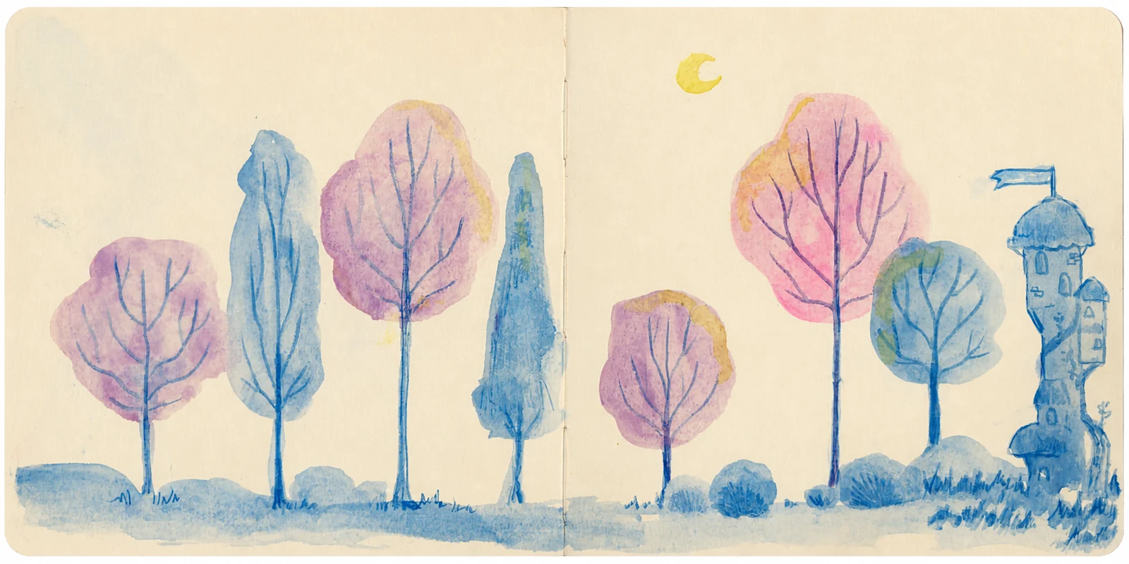 Alja’s watercolour woodland: pink, lilac, and blue trees beneath a small yellow moon.